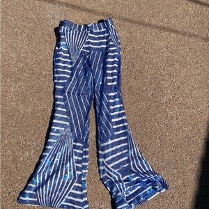 Blue and White Striped Sequence Flared Pants